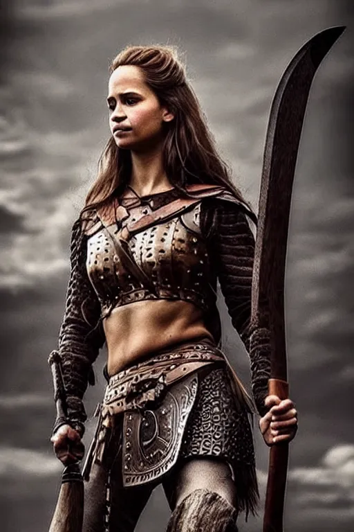 Prompt: gorgeous!! hyper - realistic woman resembling alicia vikander as a viking warrior wielding a giant axe