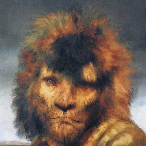 Prompt: lion warrior , oil painting portrait by rembrandt