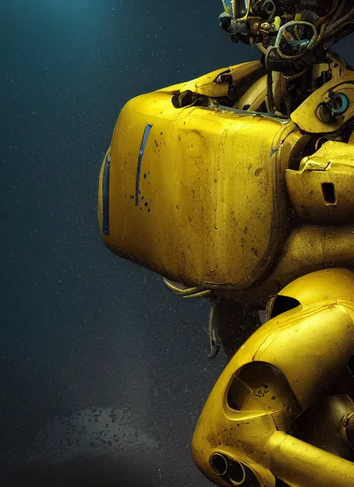 Image similar to a photorealistic dramatic hyperrealistic underwater render of an exosuit deep sea submersible, ultra realistic details, glossy yellow, well worn, rust, oil stains by vitaly bulgarov and mike nash, beautiful dramatic dark moody tones and lighting, cinematic atmosphere, studio lighting, global illumination, shadows, dark background, octane render, 8 k