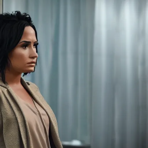 Image similar to close-up of Demi Lovato as a detective in a movie directed by Christopher Nolan, movie still frame, promotional image, imax 70 mm footage