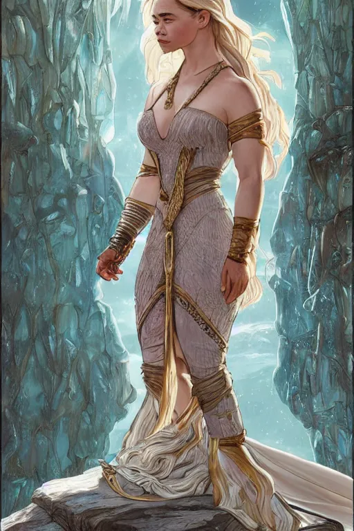 Prompt: Emilia Clarke wearing Kida's outfit from Atlantis, cute, fantasy, intricate, elegant, highly detailed, digital painting, 4k, HDR, concept art, smooth, sharp focus, illustration, art by artgerm and H R Giger and alphonse mucha