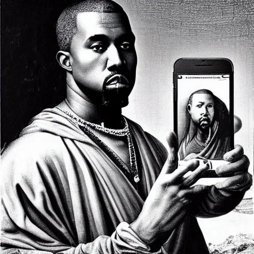 Prompt: kanye west and leonardo da vinci selfie, black and white, 1500s