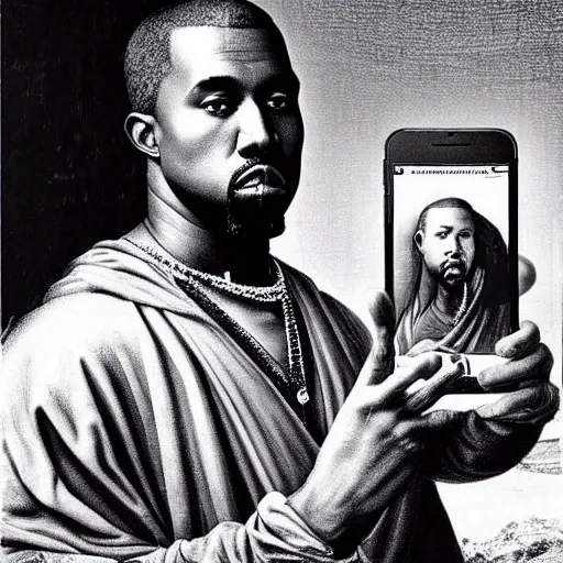 Image similar to kanye west and leonardo da vinci selfie, black and white, 1500s