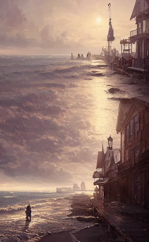 Prompt: Portrait of a victorian town with the ocean visible in the background, victorian, highly detailed, cinematic lighting, digital art painting by greg rutkowski