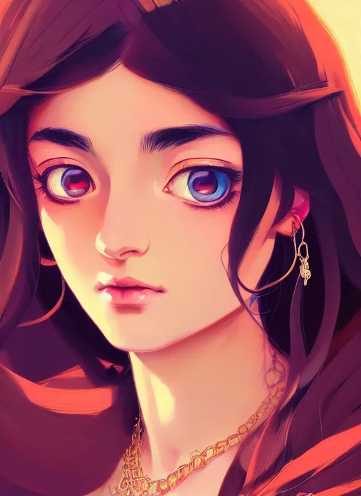 Image similar to a comic portrait of an gypsy girl, fine - face, cel shaded perfect face, fine details, jewelry, night setting. very anime style. realistic shaded lighting poster by ilya kuvshinov katsuhiro, magali villeneuve, artgerm, jeremy lipkin and michael garmash, rob rey and kentaro miura style, trending on art station