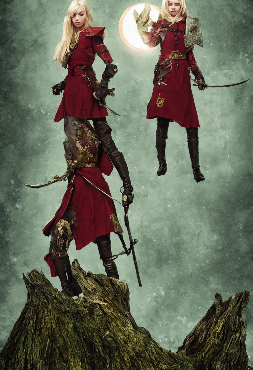 Prompt: a blonde medieval female soldier standing on a short tree stump, green battle coat, deep red lunar eclipse, night, detailed, fantasy, in the style of Gwent, epic composition, red roots background