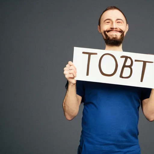 Image similar to man holding a sign that says “ thanks tobi ”, madly grinning, studio light