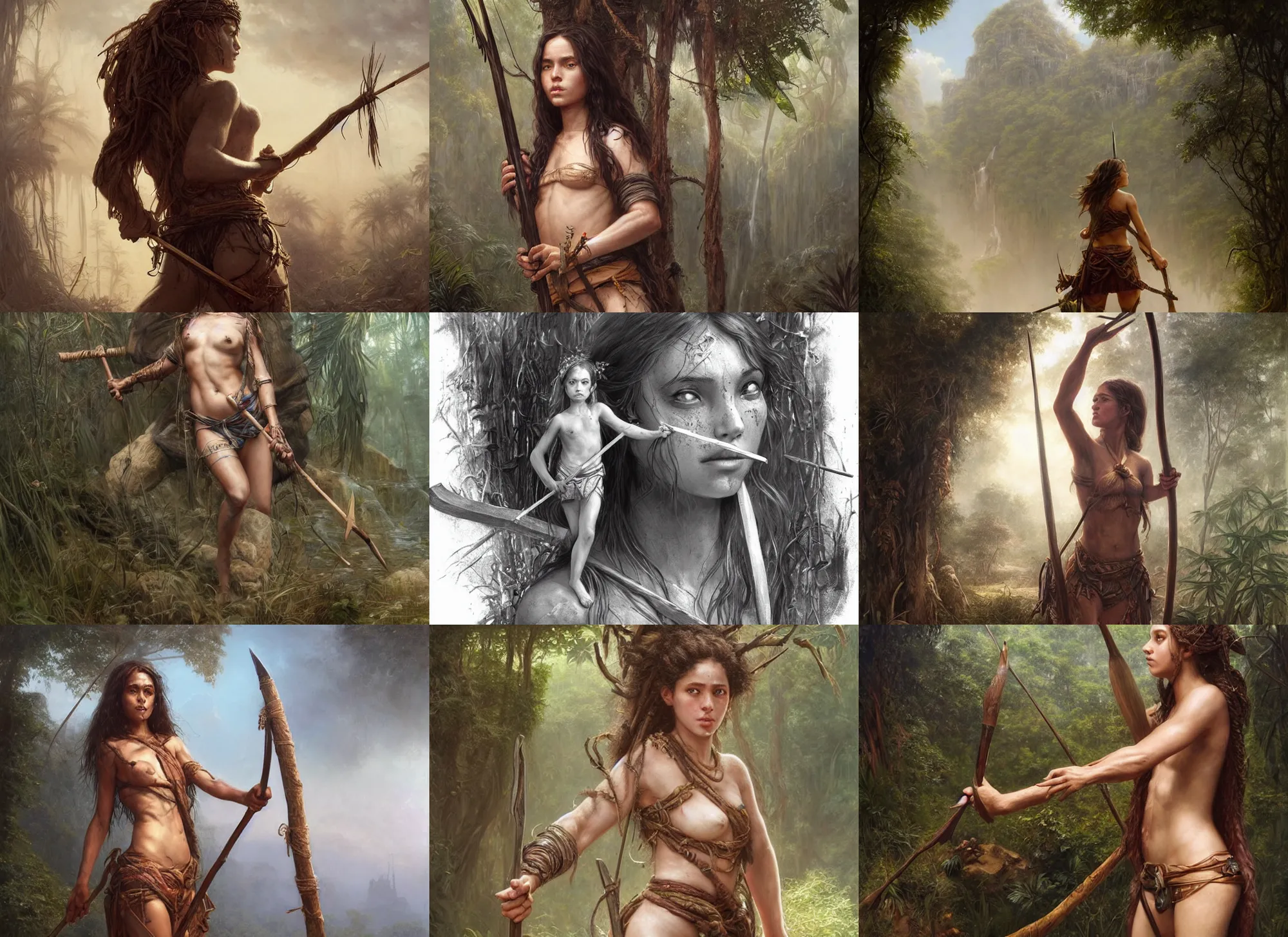 Prompt: artstation concept of a beautiful adventurous girl holding a spear, sweaty skin, symmetrical face, high face detail, jungle background, hyperdetailed, artstation trending, world renowned artists, worth1000.com, cgsociety, by greg rutkowski, by Gustave Doré, by Marco Turini, by Artgerm, Deviantart in the style of Tom Bagshaw, Cedric Peyravernay, Peter Mohrbacher