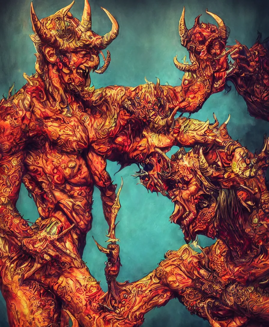 Image similar to devil holding a person, colorful, intricate, ultra detailed, photorealistic, trending on artstation