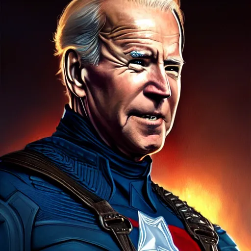 Image similar to Joe Biden as Captain America, western, D&D, fantasy, intricate, elegant, highly detailed, digital painting, artstation, concept art, matte, sharp focus, illustration, art by Artgerm and Greg Rutkowski and Alphonse Mucha