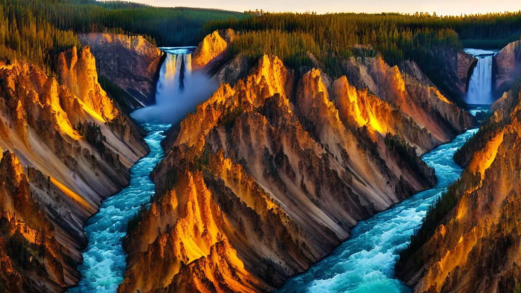 Image similar to Yellowstone river valley, lower falls, medium format digital camera, golden hour, photorealistic