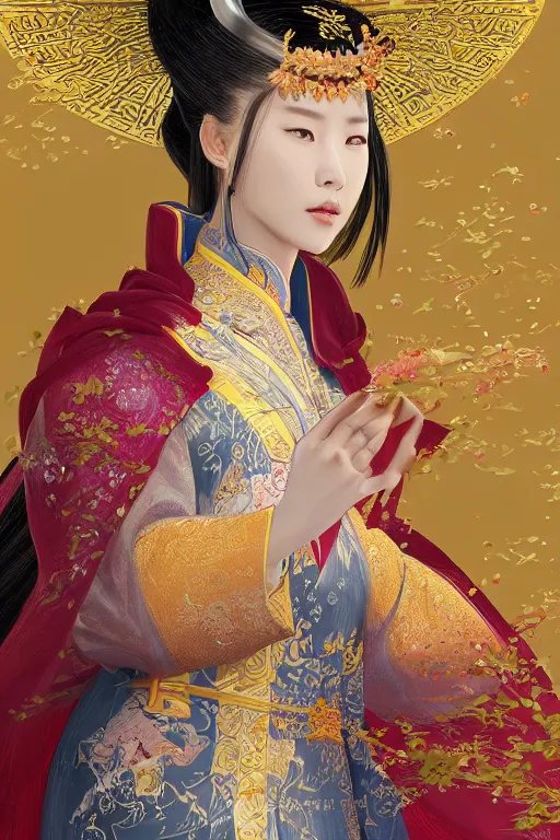 Image similar to portrait wuxia Asian heroine, holy and elite and divine, weraings Chinese costume, in forbidden City Rainning, flowers sea everywhere, ssci-fi, fantasy, intricate, very very beautiful, elegant, highly detailed, digital painting, artstation, concept art, smooth, sharp focus, illustration, art by tian zi and WLOP and alphonse mucha