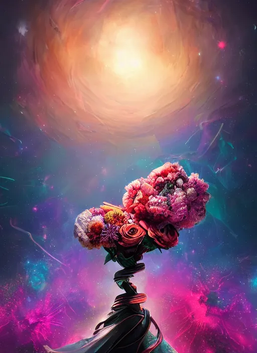 Image similar to An epic fantastic realism comic book style painting of the most beautiful entwined flowers launched across the dark galactic night sky, nebulous bouquets, fisheye lens, unreal 5, DAZ, hyperrealistic, octane render, dynamic lighting