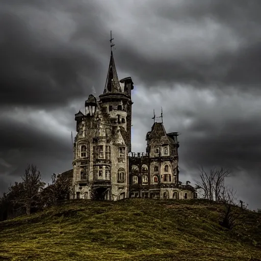 Prompt: Eerie Gothic castle on a hill above above a foreboding boggy landscape