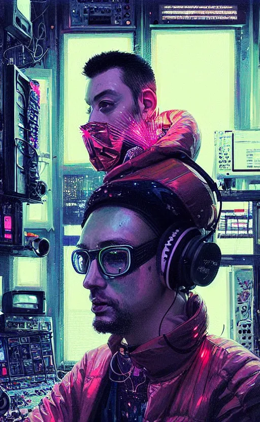 Prompt: detailed portrait of a music producer in his studio lab, neon operator, cyberpunk futuristic neon, reflective puffy coat, decorated with traditional japanese ornaments by ismail inceoglu dragan bibin hans thoma greg rutkowski alexandros pyromallis nekro rene maritte illustrated, perfect face, fine details, realistic shaded, fine - face, pretty face