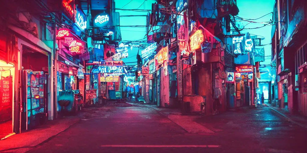 Prompt: outside black blue neon cyberpunk city on north atlantic island, soft lights