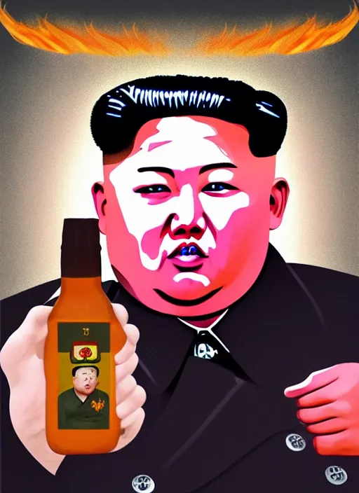 Prompt: kim jong - un with a bottle of vodka on an icon with a halo of fire, scary infernal art in color