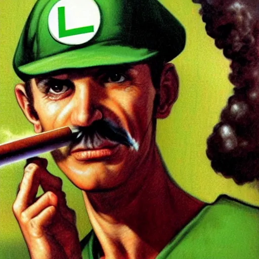 Image similar to Luigi smoking joint, artwork by Earl Norem,