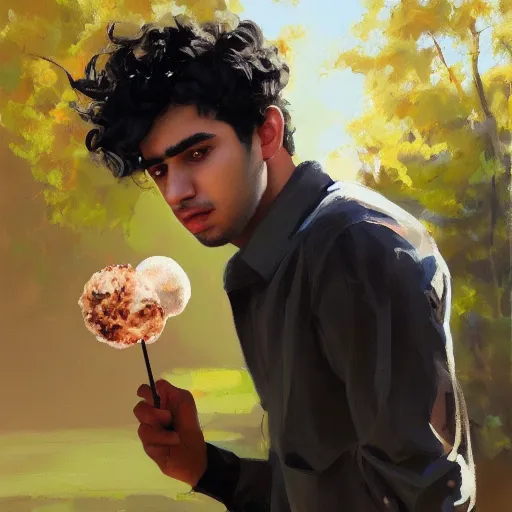 Image similar to oil painting by ilya kuvshinov,, baugh casey, rhads, coby whitmore, of a youthful persian - indian college student, male, curly black hair, holding lolipop, outdoors, highly detailed, breathtaking face, studio photography, dawn, intense subsurface scattering, blush, supple look, innocence, intense sunlight