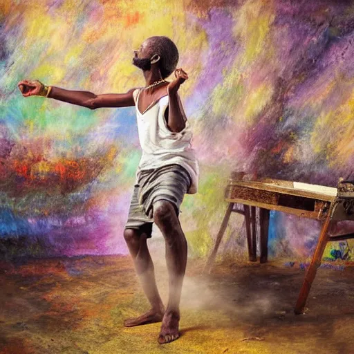 Image similar to east african man dancing inside a large photography studio by himself, intricate details, impressionist painting, figurative painting, happy, dreamy, pastel colors, studio ghibli