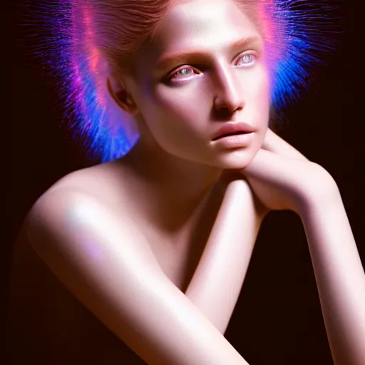 Image similar to photographic portrait of a stunningly beautiful renaissance female with iridescent glow and electronic veins, in soft dreamy light at sunset, contemporary fashion shoot, by edward robert hughes, annie leibovitz and steve mccurry, david lazar, jimmy nelsson, extremely detailed, hyperrealistic, perfect face, octane render