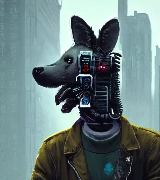 Image similar to new york city portrait of furry anthro anthropomorphic spotted hyena head animal person fursona wearing clothes strange cybernetic muzzle gloomy rainy screenshot from the video game cyberpunk 2077 digital art by Greg Rutkowski, Simon Stalenhag, christopher nolan trending on Artstation, CGSociety