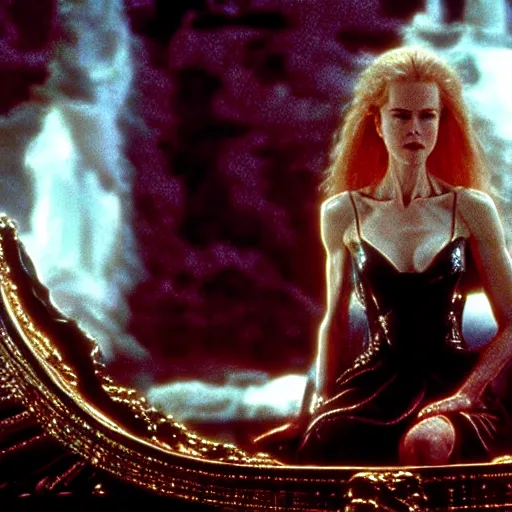 Prompt: cinematic scene with a young nicole kidman on a majestic throne as the goddess of war, dramatic, small details, volumetric lighting, still frame