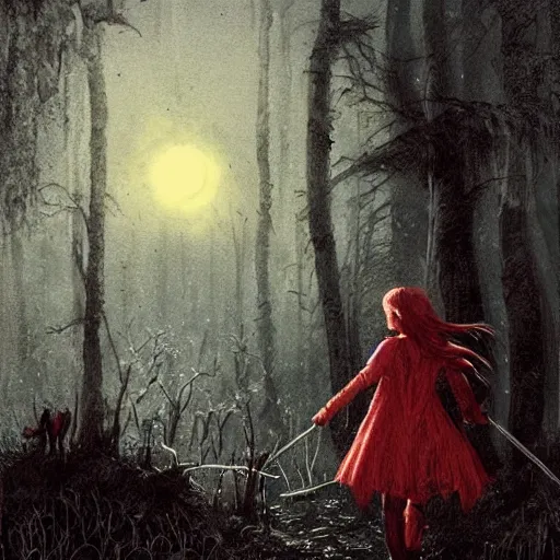 Image similar to Little red riding hood fights a werewolf in the swamp, fireflies, eclipse, raining, detailed intricate ink illustration, dark atmosphere, detailed illustration, hd, 4k, digital art, overdetailed art, concept art, by greg rutkowski, by loish, complementing colors, Trending on artstation, deviantart