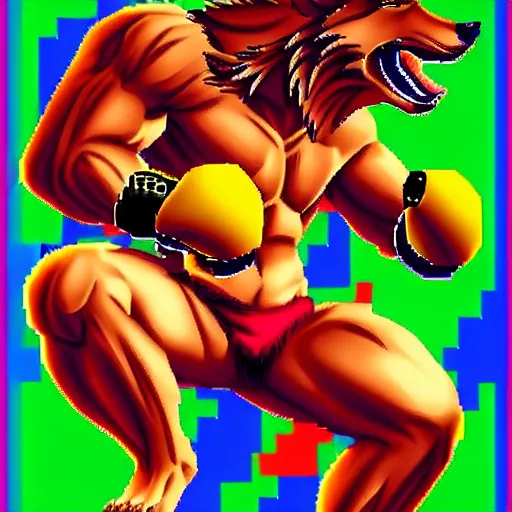 Image similar to full body antropomorphic muscular masculine wolf. kickboxer. wolf head. furr. 1 6 bit sega graphics. retrowave