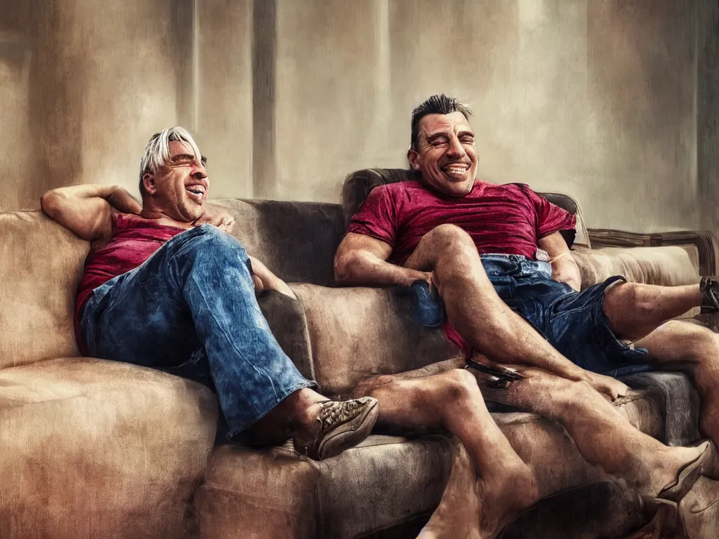 Image similar to extremely detailed digital painting of till lindemann sits on the couch with grandmother and laughing, stunning scene, 4 k, realism, bright colors, trending on artstation