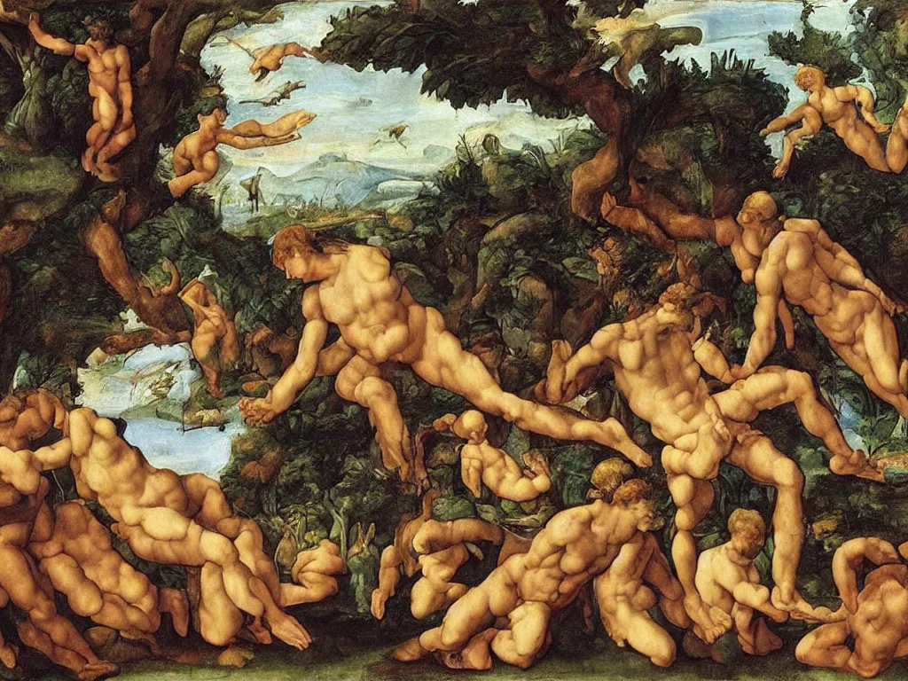 Prompt: Garden of Eden with no humans by Michelangelo, mythological painting, oil painting