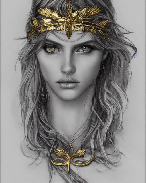 Image similar to front view of beautiful super model aphrodite greek goddess wearing a gold laurel wreath and triangle earrings, realism tattoo sketch, beautiful piercing eyes with sharp pupils, beautiful blonde hair, in the style of greg rutkowski, fantasy, amazing detail, epic, elegant, smooth, sharp focus