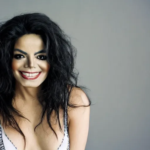 Prompt: Portrait Photo of Michael Jackson smiling creepy into the camera wearing a bikini, gray hair, smiling softly, realistic, 4k/8, real, photoshooting, relaxing on a modern couch, interior lighting, cozy living room background, medium shot, mid-shot, soft focus, professional photography, Portra 400