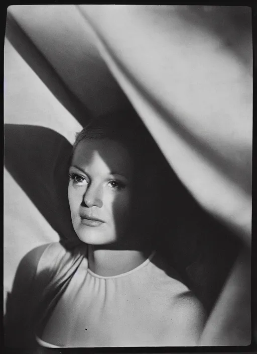 Image similar to a woman peeking out from under a blanket fort in the afternoon, flash polaroid photo by george hurrell, hazy light rays, golden hour