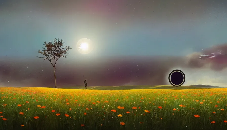 Prompt: solar eclipse in iceland, field with grass and colorful flowers, trees, deer, matte painting, art station, blue sky, simon stalenhag
