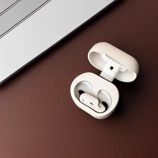 Image similar to beige truly wireless earbuds, studio, product photo