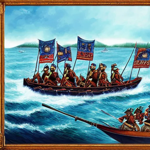 Prompt: A boat with Mongolian soldiers sailing across the sea, painting, stunning, 4k, HD, intricate detail