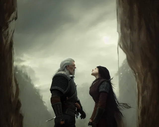 Image similar to 5 5 mm portrait photo of geralt cowering while being yelled at by yennefer of vengerberg. magical atmosphere. art by greg rutkowski. highly detailed 8 k. intricate. lifelike. soft light. nikon d 8 5 0.