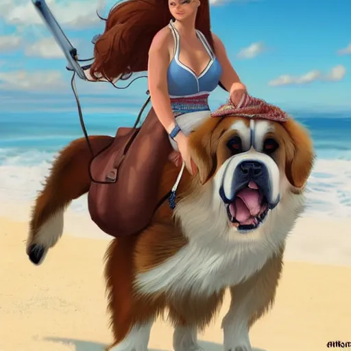 Image similar to girl riding a giant saint Bernard at the beach, trending on artstation