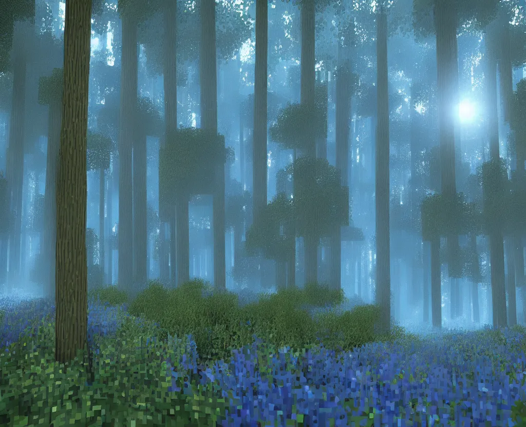 Image similar to blue forest, glowing, minecraft, digital art, highly detailed, artstation, octane render