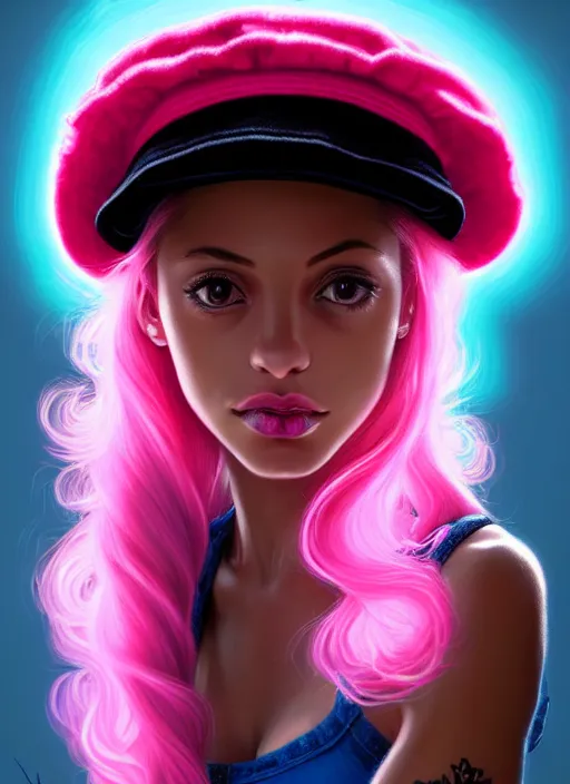 Image similar to portrait of teenage vanessa morgan with bright pink hair, black girl, curly pixie cut hair, wearing newsboy cap, pink short haircut, newsboy cap, hoop earrings, blue eyes, intricate, elegant, glowing lights, highly detailed, digital painting, artstation, concept art, smooth, sharp focus, illustration, art by wlop, mars ravelo and greg rutkowski