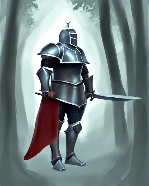 Image similar to concept art of a thicc knight, wearing heavy medival knight armor, holding a long sword, walking through a foggy oak forest | | epic - fine - clean, polished, trending on artstation, brush strokes