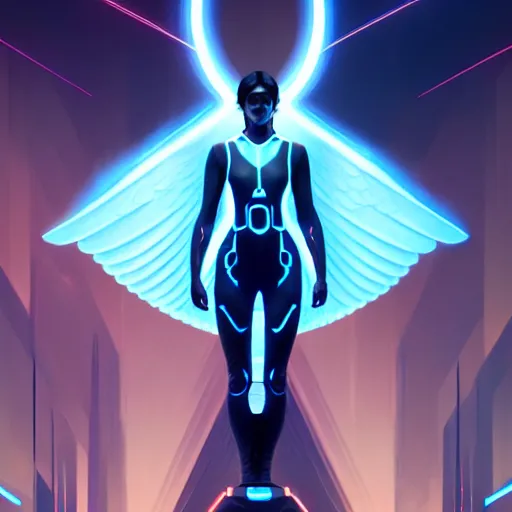 Image similar to tron legacy angel, diffuse lighting, hyper realistic, concept art, intricate, hyper detailed, smooth, sharp focus, illustration, trending on artstation, art by greg rutkowski and james gurney and alphonse mucha