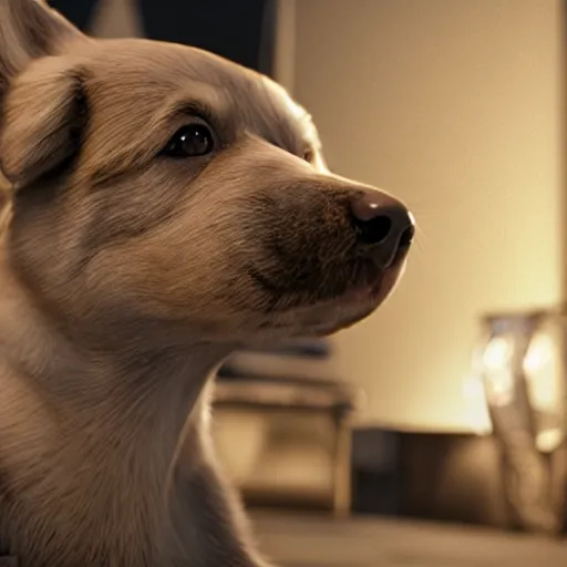 Image similar to crisp quality and light reflections, photorealistic portrait, studio lighting, still photo of a cute dog in the uncanny valley, bright studio setting, highly detailed, unreal engine 5 quality render