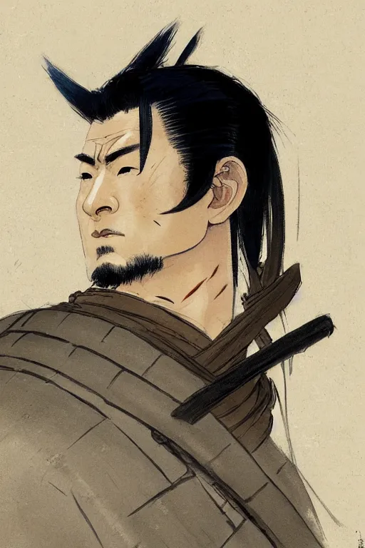 Prompt: face portrait of a handsome and muscular japanese ronin with masculine facial features, short messy hair, and wearing a haori, by brom, frank frazetta, and greg rutkowski, samurai, sengoku era, feudal japan, digital painting, sharply focused, centered, rule of thirds, trending on artstation, concept art, ultra high detail, ultra realistic