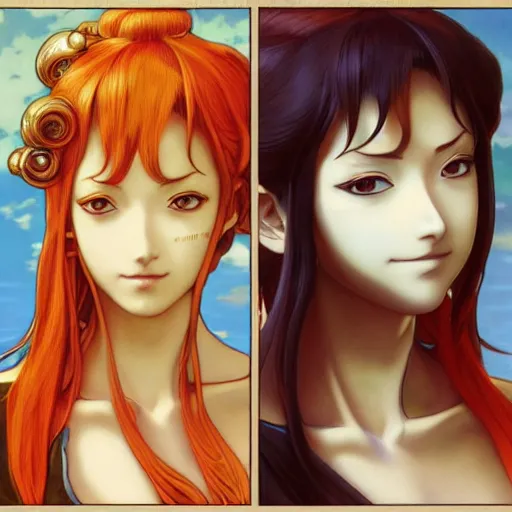 Prompt: intricately detailed vfx portrait of nami from one piece by eiichiro oda, makoto shinkai, alphonse mucha, art by artgerm and greg rutkowski, best of behance, concept art, matte, sharp focus, orange hair, elegant, adolphe bouguereau, annie leibovitz, stanley kubrick, cel shading, tone mapped,