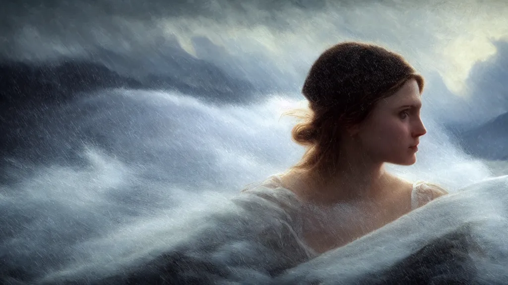 Image similar to mage, norway fjord, extreme close up portrait, hudson river school, max rive, stormy seas, white royal dress, beautiful, bokeh, gentle, female, snowy, storm clouds, god rays, close up portrait, d & d, fantasy, elegant, low key color palette, concept art, roger deakins and greg rutkowski and alphonse mucha