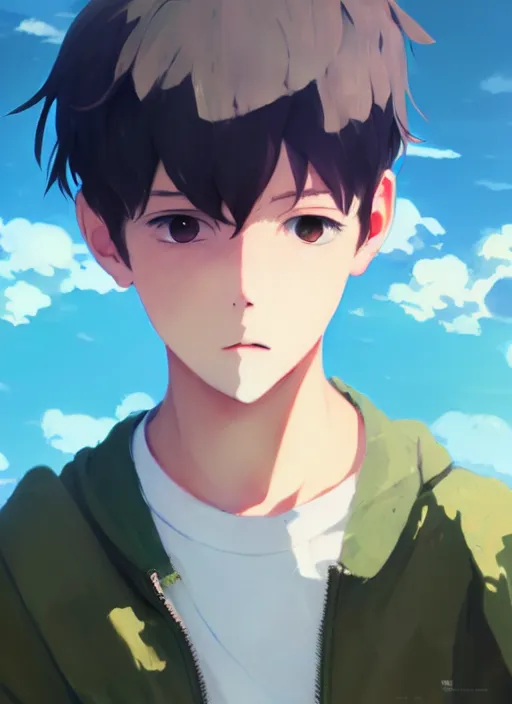 Prompt: portrait of cute boy, cloudy sky background lush landscape illustration concept art anime key visual trending pixiv fanbox by wlop and greg rutkowski and makoto shinkai and studio ghibli