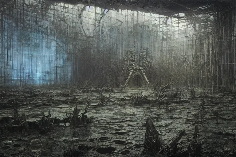 Image similar to flooded overgrown interior of boeing, matte painting, oil painting, by beksinski and giger and rutkovski, photoreal, highly detailed, hd, 8 k