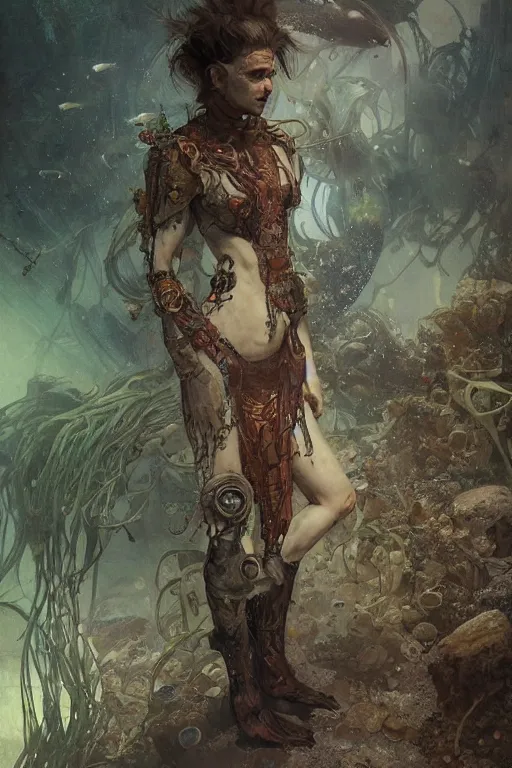 Image similar to a full body portrait of a beautiful post apocalyptic offworld neoicelandic biofarmer swimming by the fish tank, intricate, elegant, highly detailed, digital painting, artstation, concept art, smooth, sharp focus, illustration, art by krenz cushart and artem demura and alphonse mucha